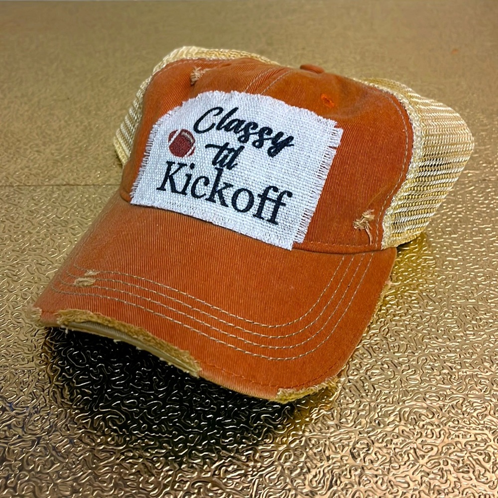 Classy toe kick off hand made patch on a new distressed cap
